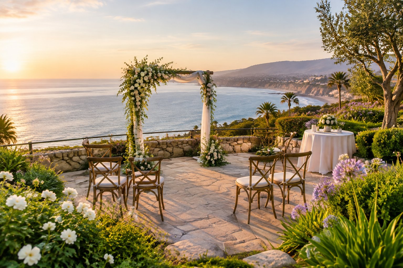 A small wedding ceremony setup on a garden terrace overlooking the ocean.