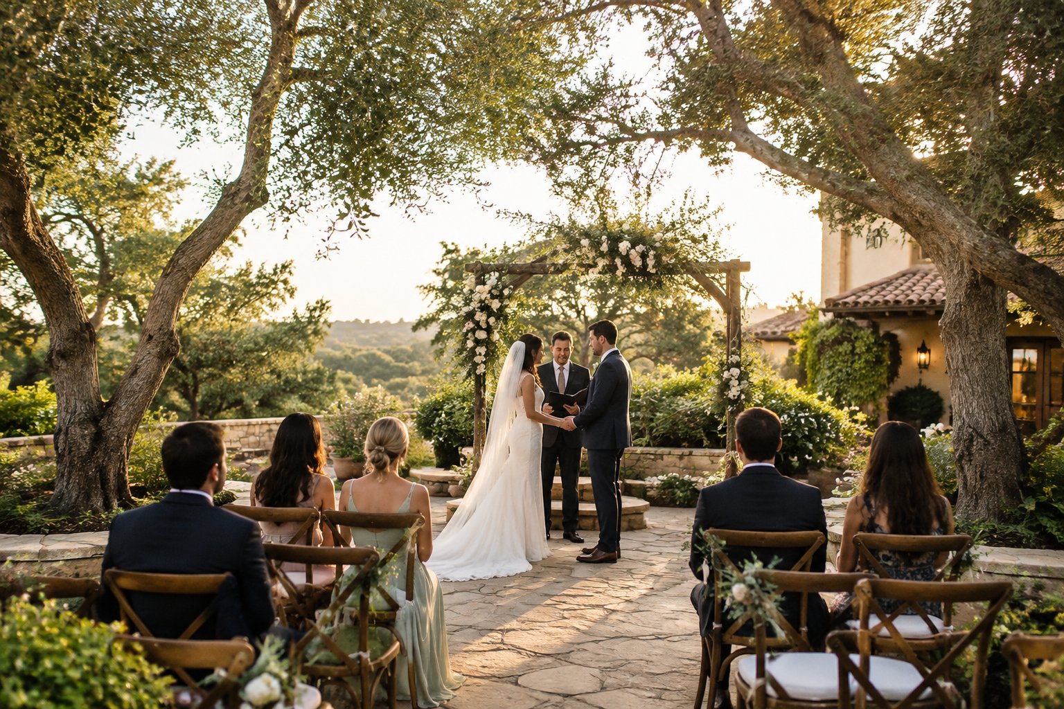 A small wedding ceremony in a secluded garden at an Orange County estate.