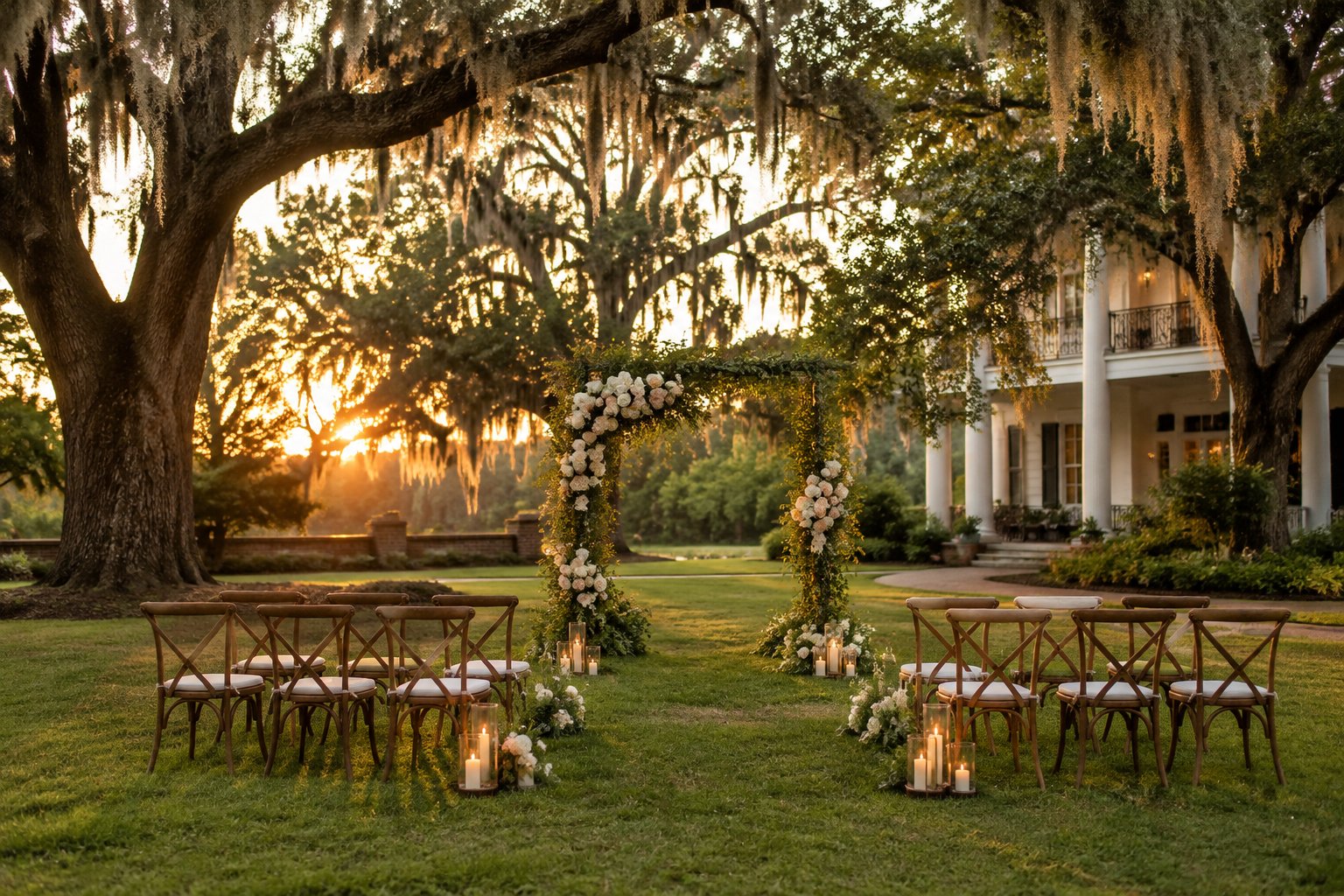 A small wedding ceremony set in a garden beside a historic Southern venue.