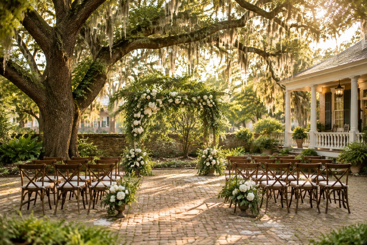 A small wedding ceremony setup beneath moss-draped oak trees in a garden courtyard.