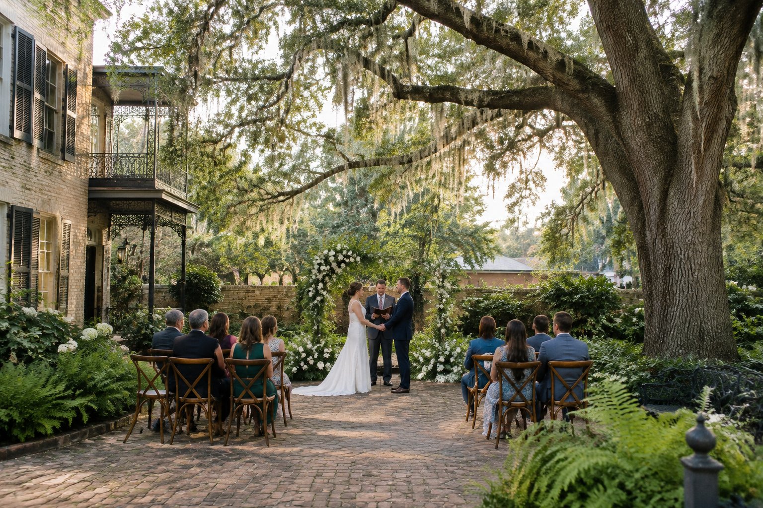 A small wedding ceremony in a shaded garden courtyard.