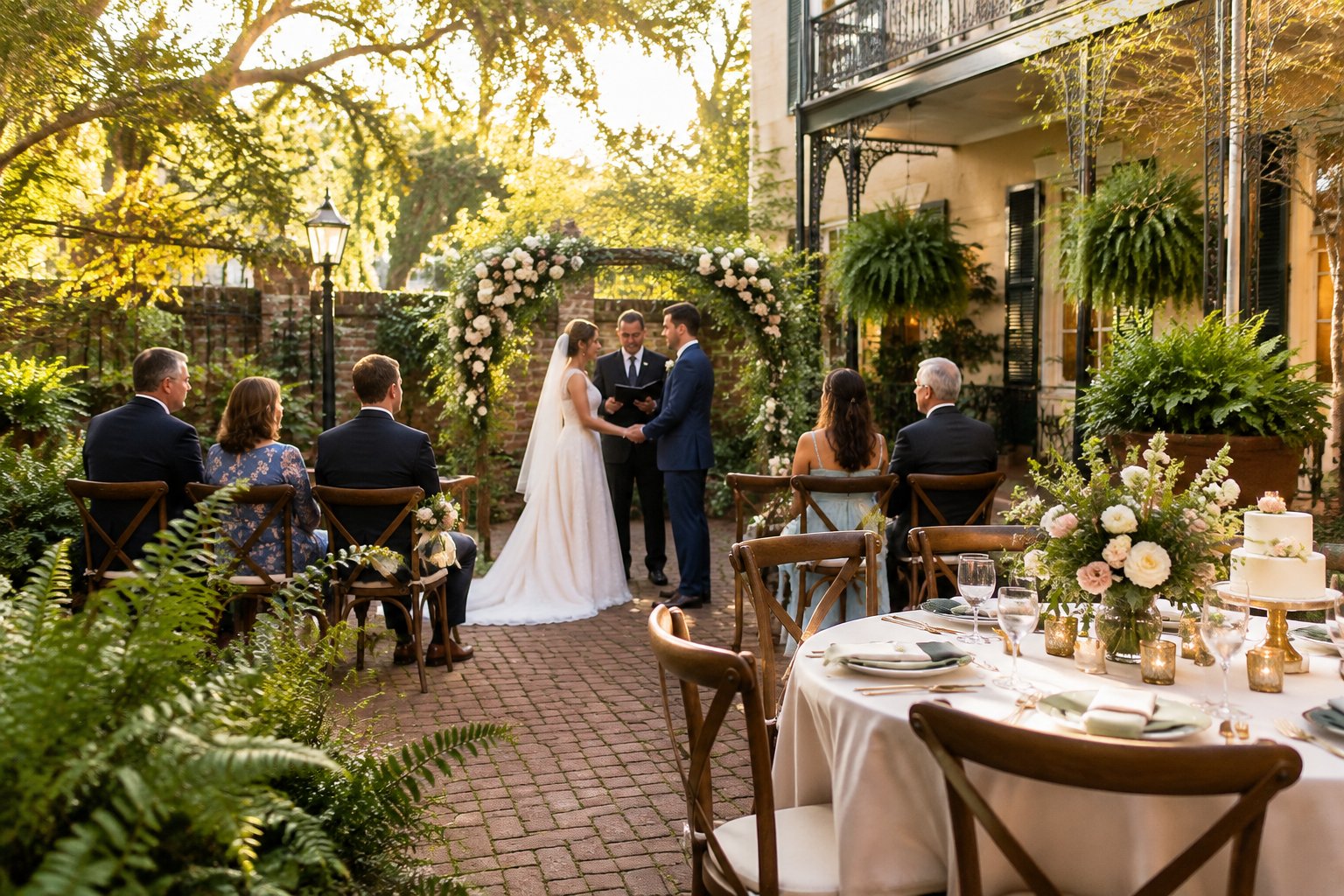 A couple exchanges vows in a garden courtyard while guests sit nearby.