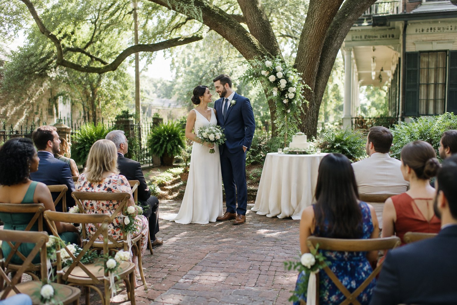 A couple celebrates with a small group of guests in a garden wedding setting.
