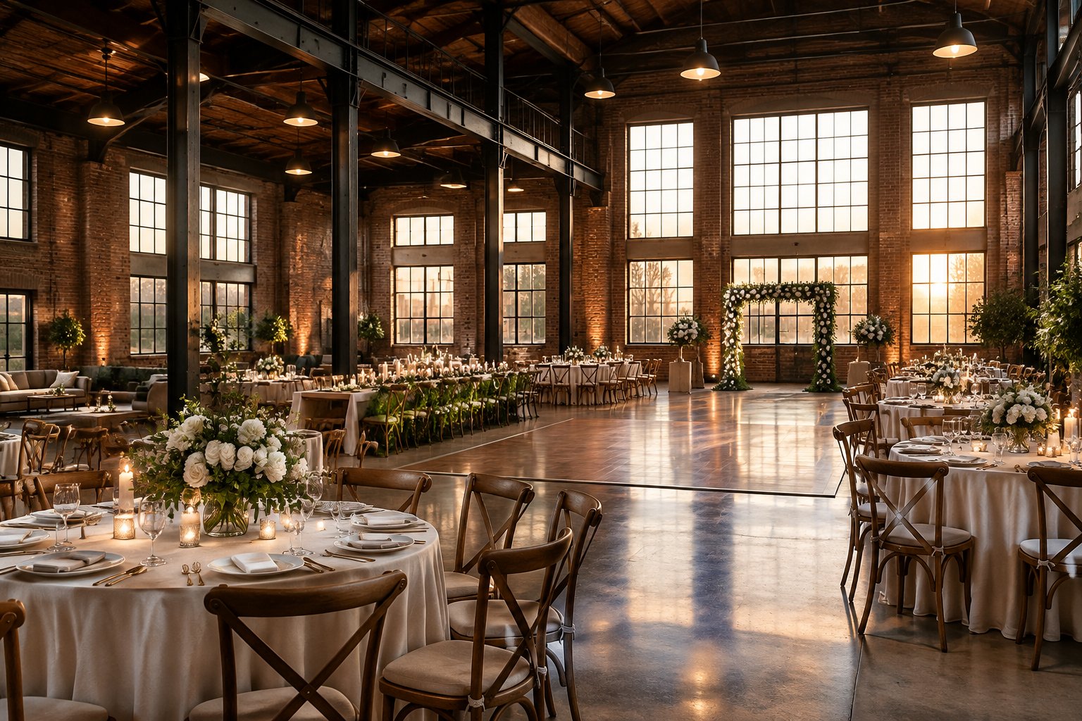 A wedding reception set in a spacious brick-and-steel venue.