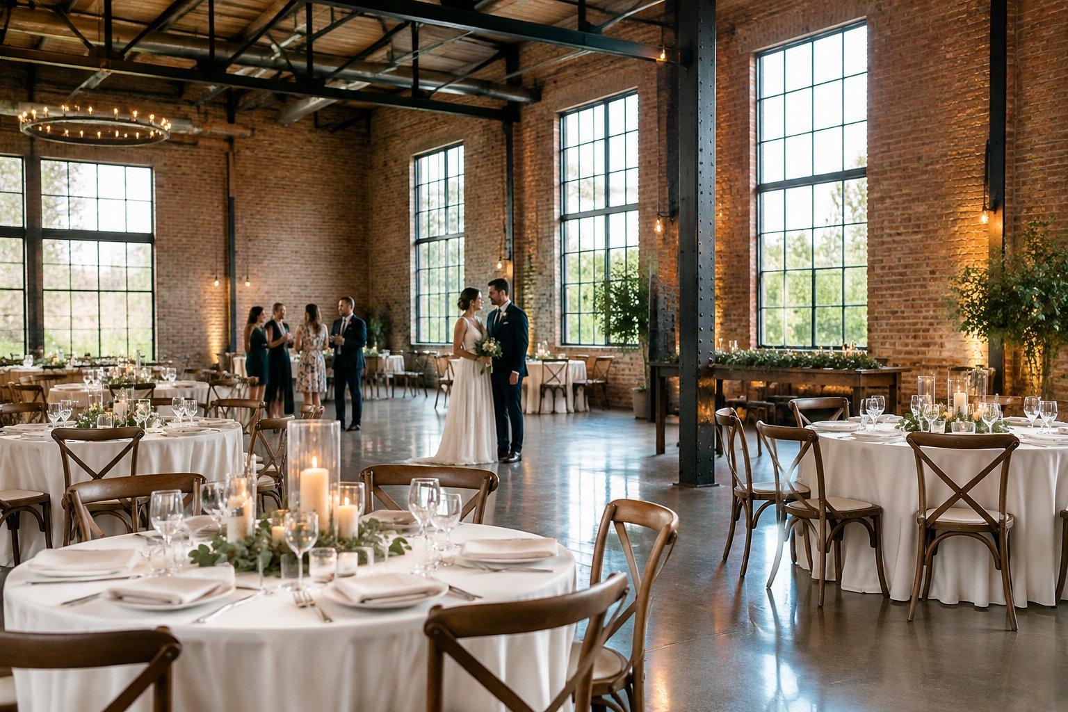 A couple and guests gather for a wedding reception in a spacious warehouse venue.