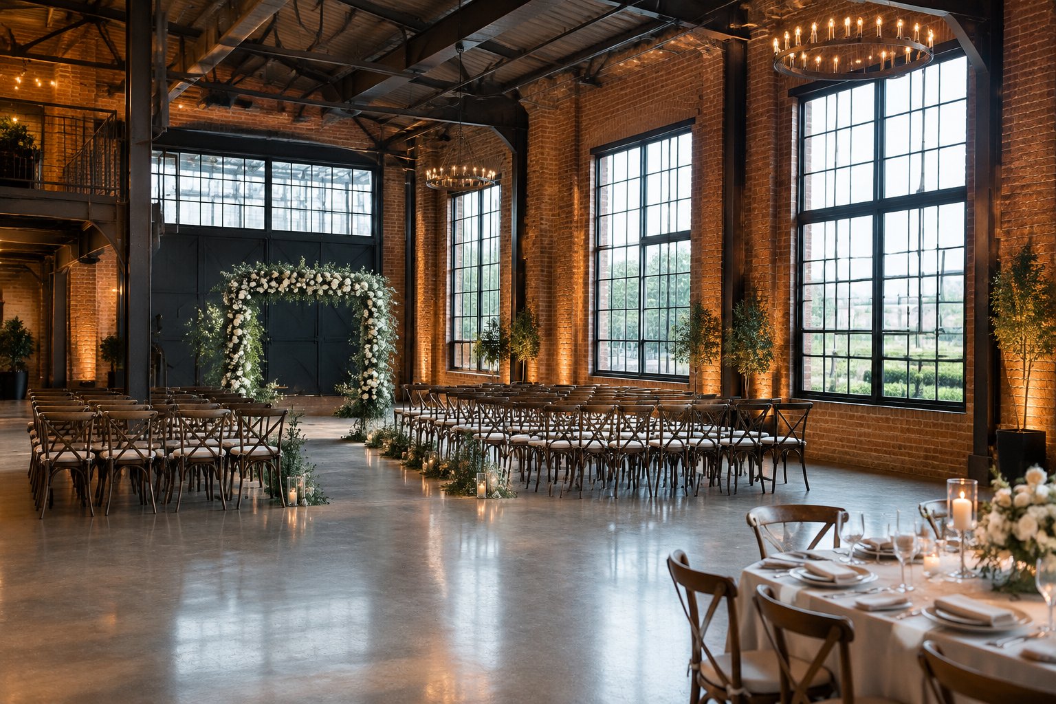 A wedding ceremony setup inside a spacious brick-and-steel venue.