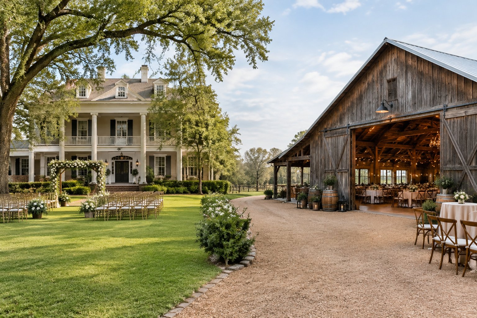 An elegant estate lawn beside a rustic industrial barn wedding venue.