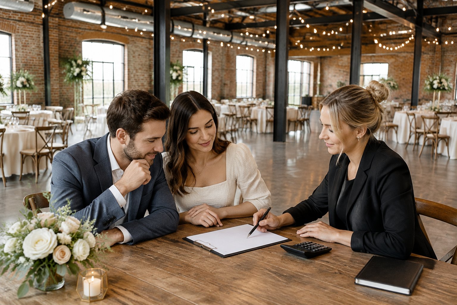A couple and venue coordinator review a worksheet at a table inside an industrial wedding venue.