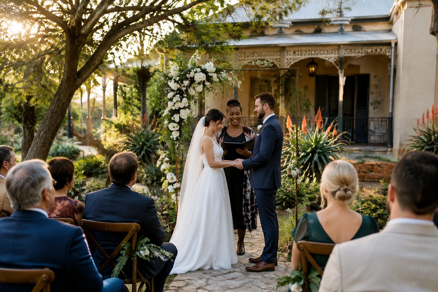 A couple exchanges vows beneath a flower arch as guests watch in a garden courtyard.