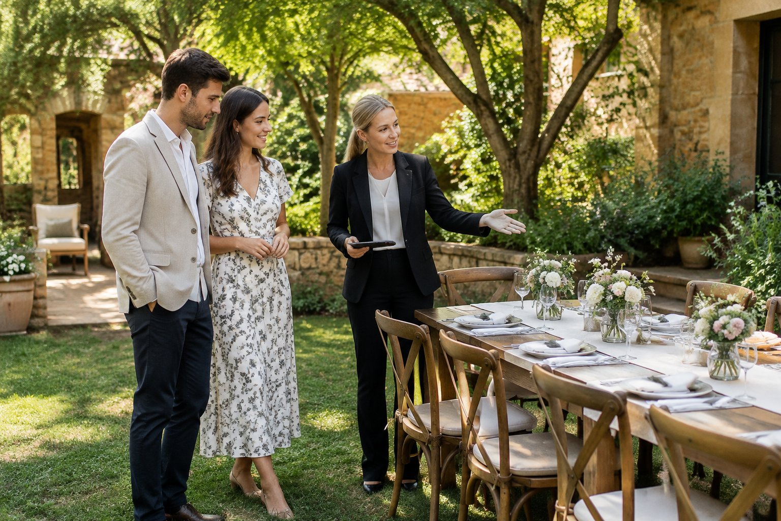 A couple and venue coordinator discuss seating at a small garden wedding venue.