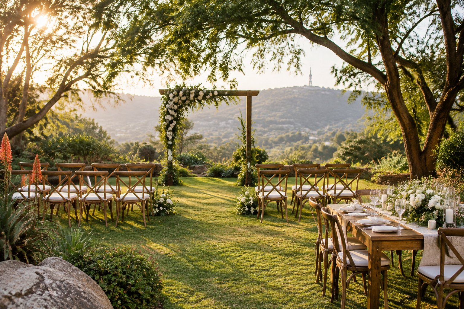 A small outdoor wedding setup in a leafy garden.