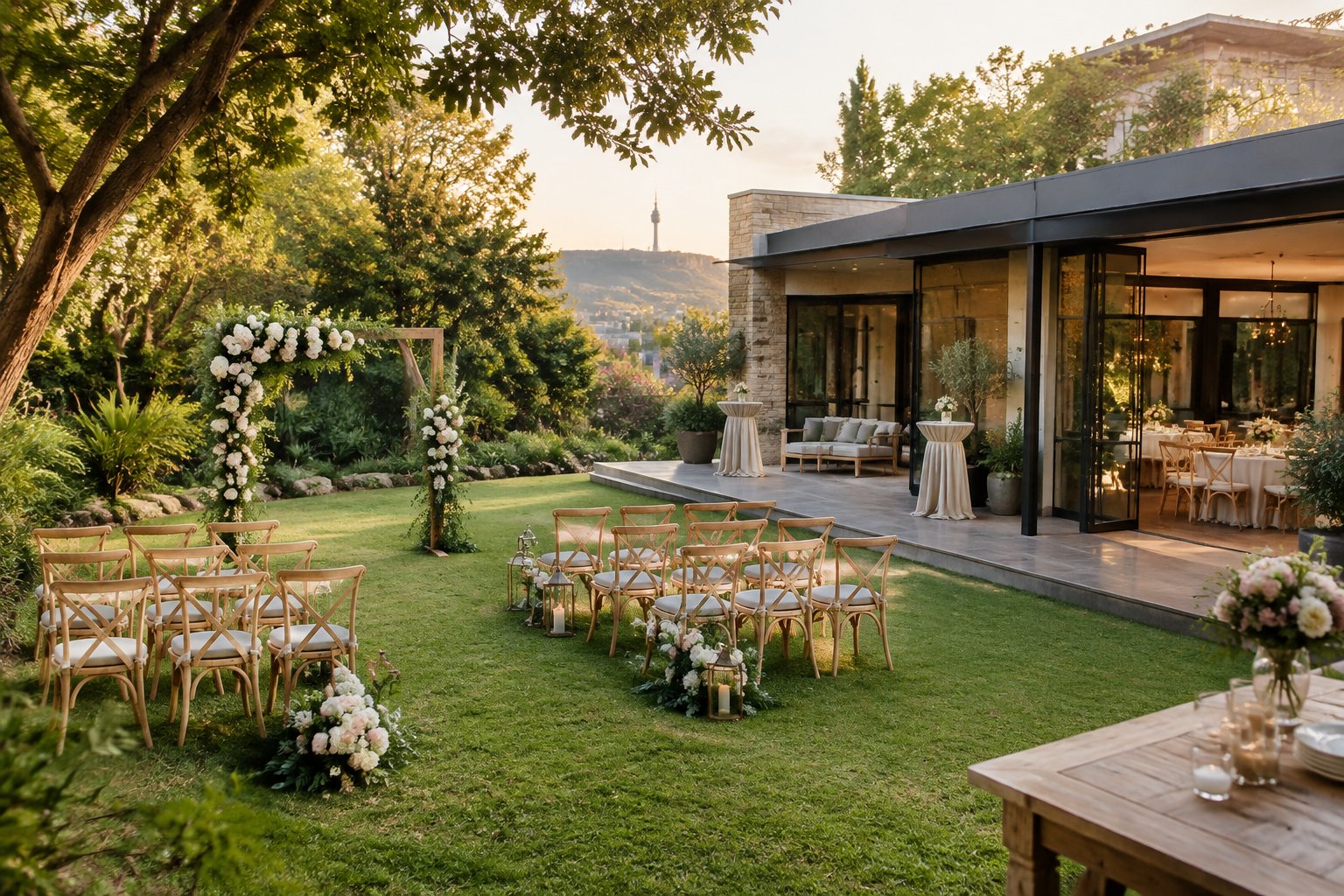 A garden wedding ceremony setup beside a modern venue.