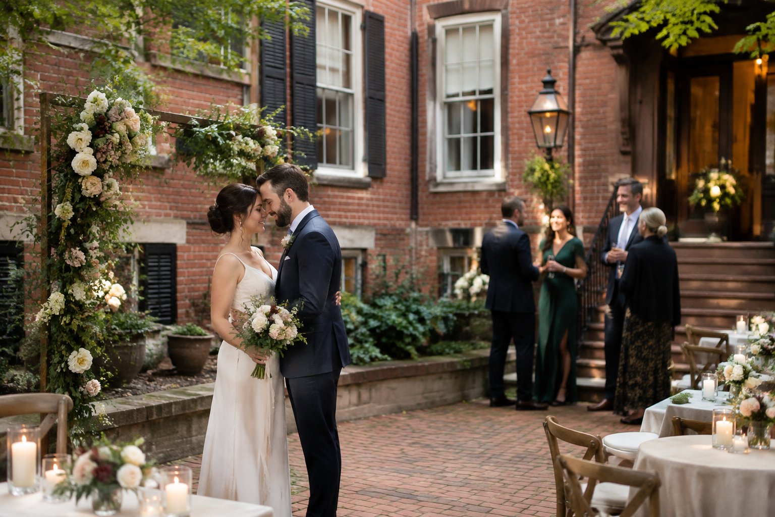 A couple shares a moment at a small wedding in a Boston courtyard.