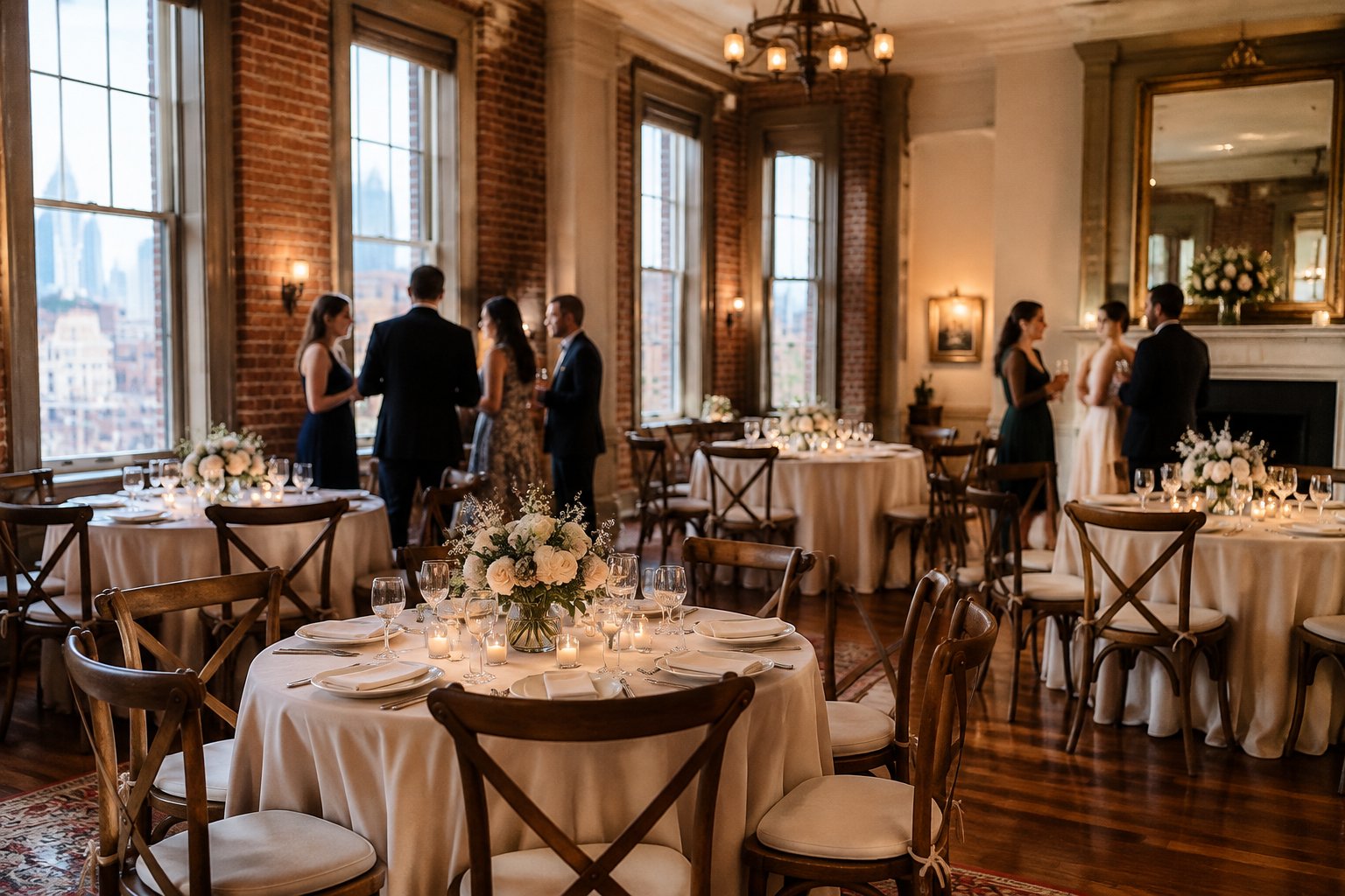 Guests gather around tables at a small wedding reception in a historic venue.