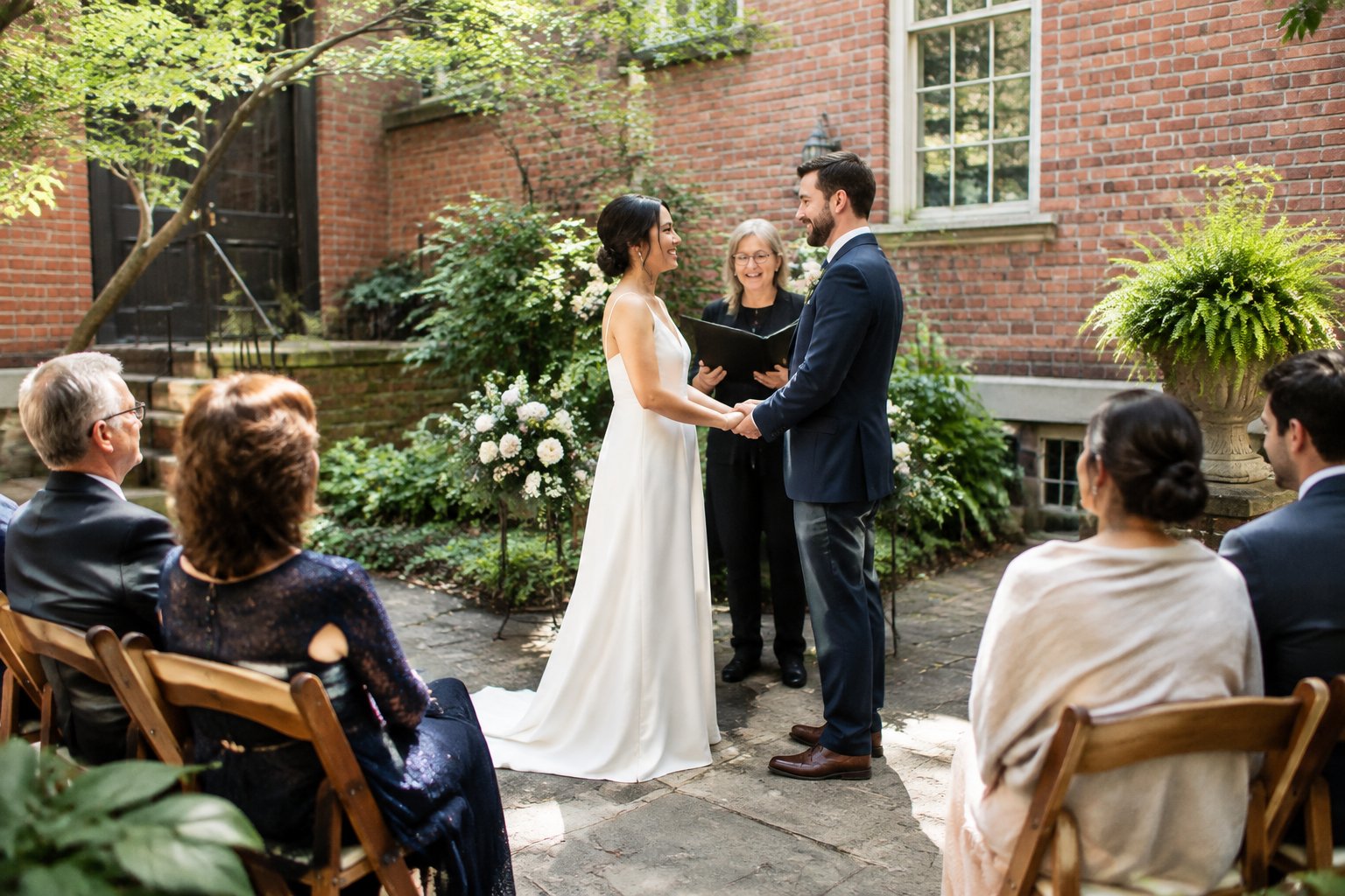 A couple exchanges vows in a small courtyard as a few guests watch.