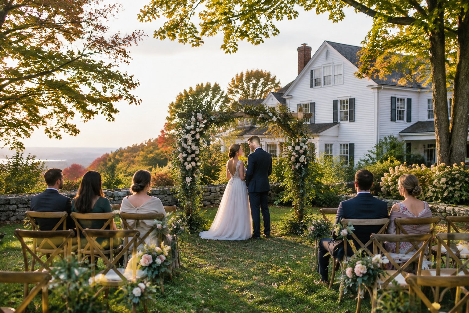 A couple stands beneath a flower-covered arch at a small garden wedding.