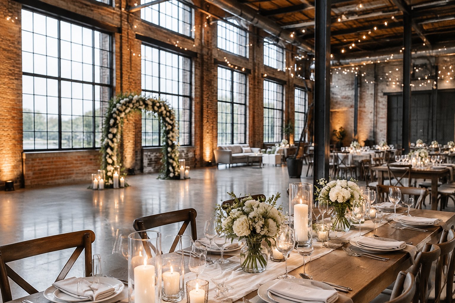 A wedding reception table in a brick-walled industrial venue.