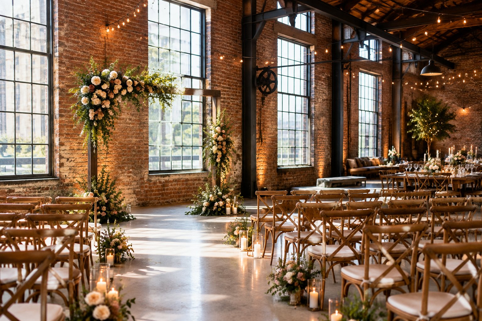 A wedding ceremony setup inside a converted industrial warehouse.
