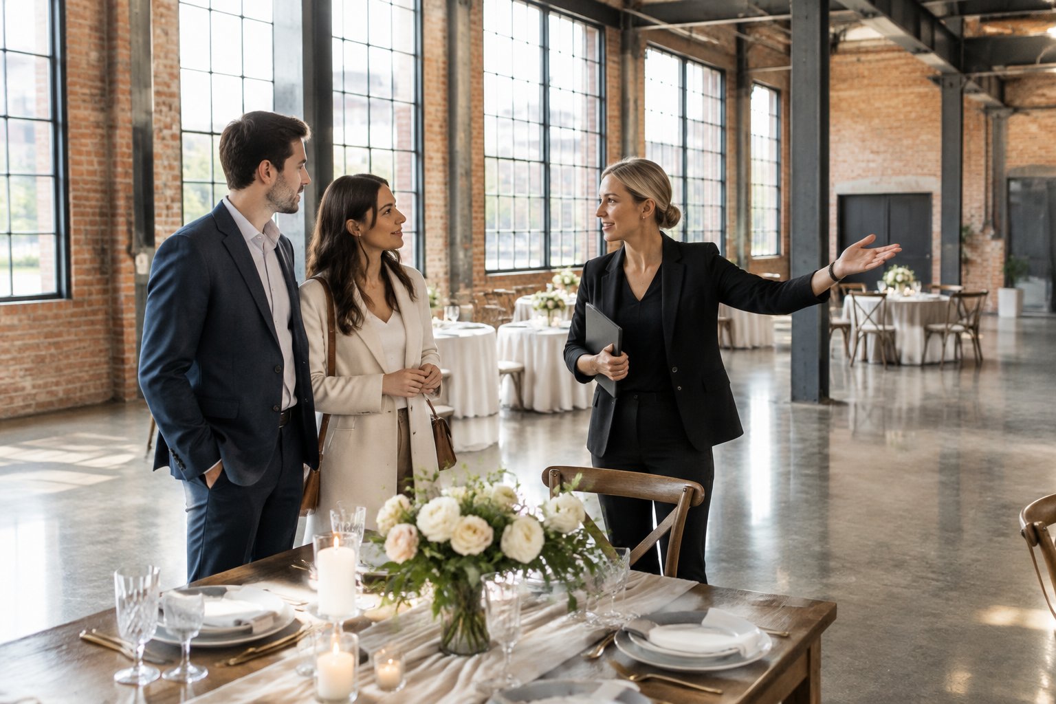 A couple and venue coordinator discuss wedding arrangements inside a converted warehouse.