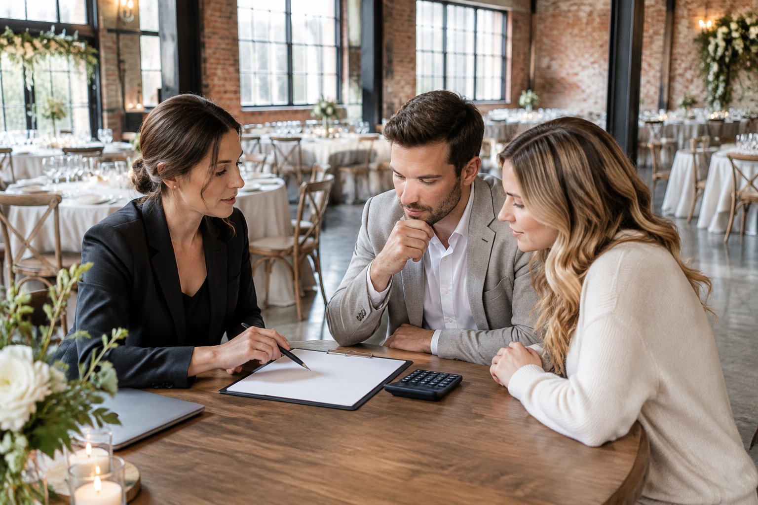 A couple and wedding planner review a budget in a converted warehouse set up for a wedding reception.