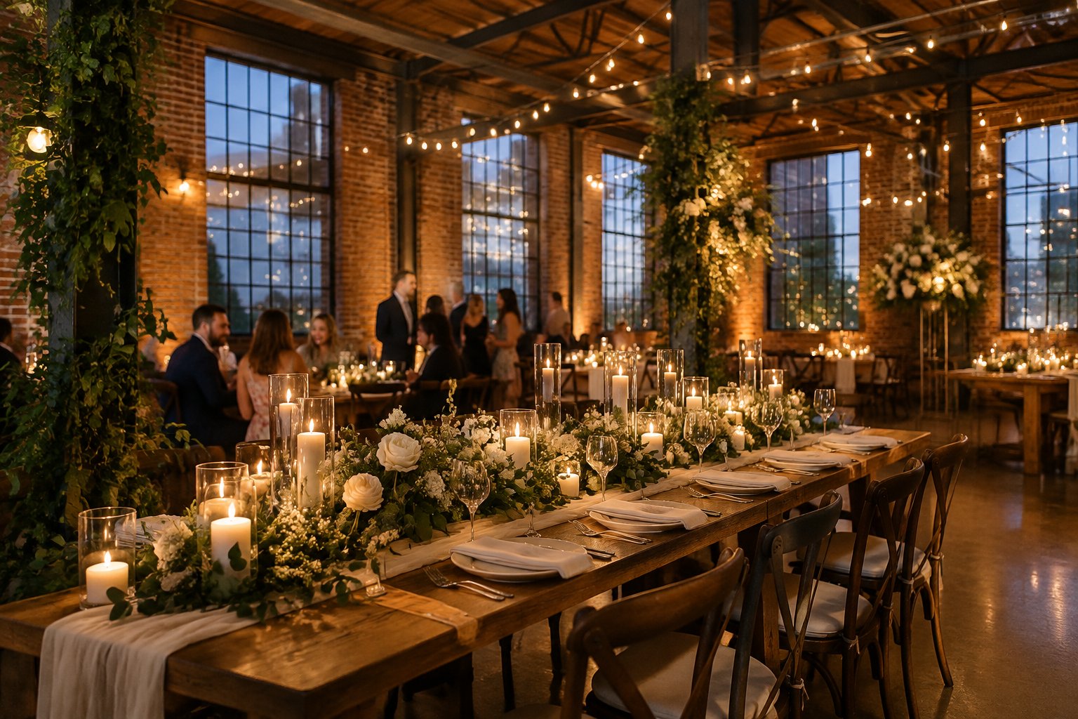 Guests gather around a decorated table at a warmly lit warehouse wedding reception.