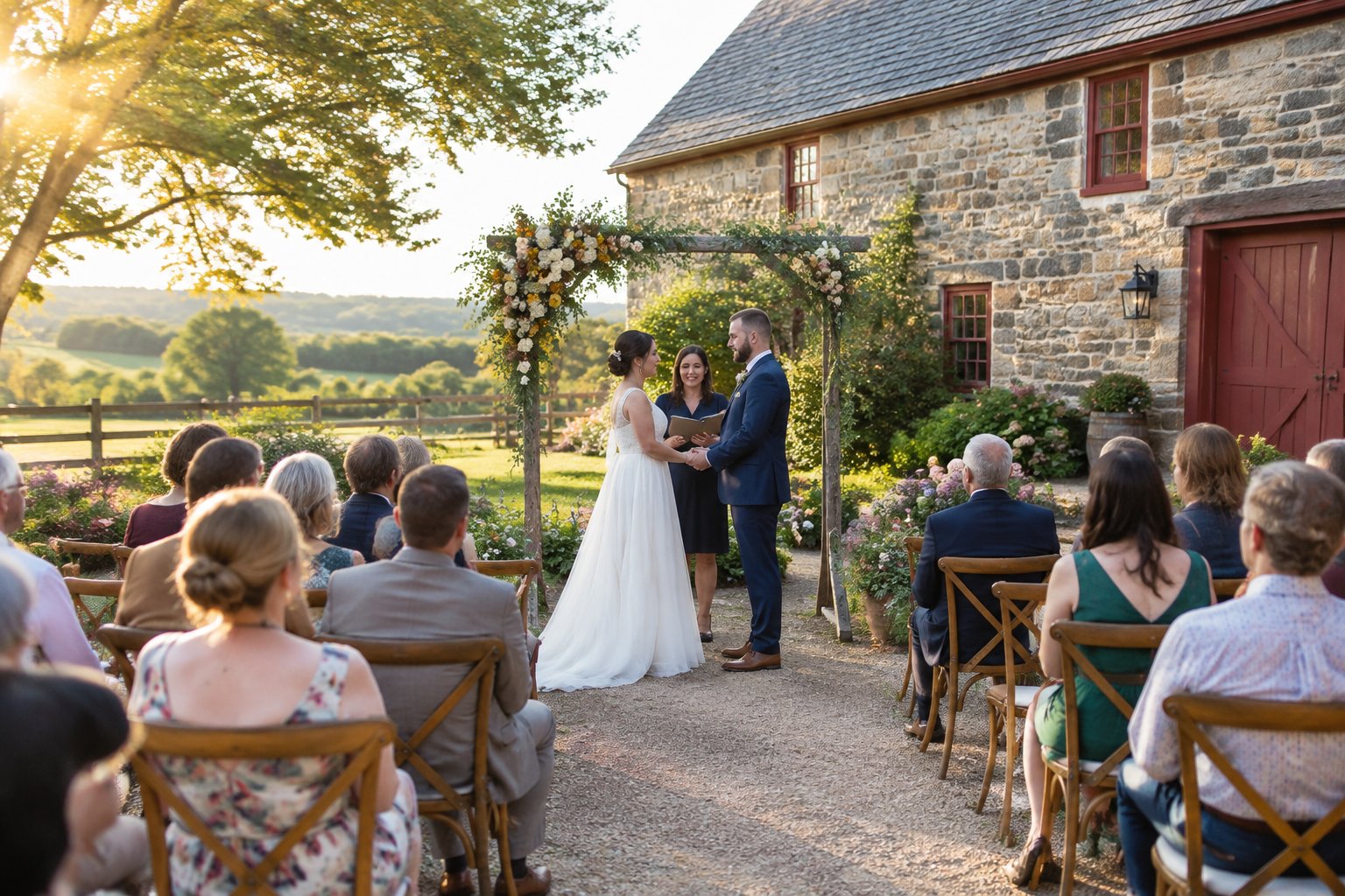 A couple exchanges wedding vows before a small group of guests at a countryside venue.