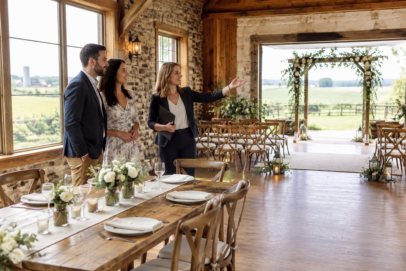 A couple and venue coordinator look over a small reception space at a rural wedding venue.
