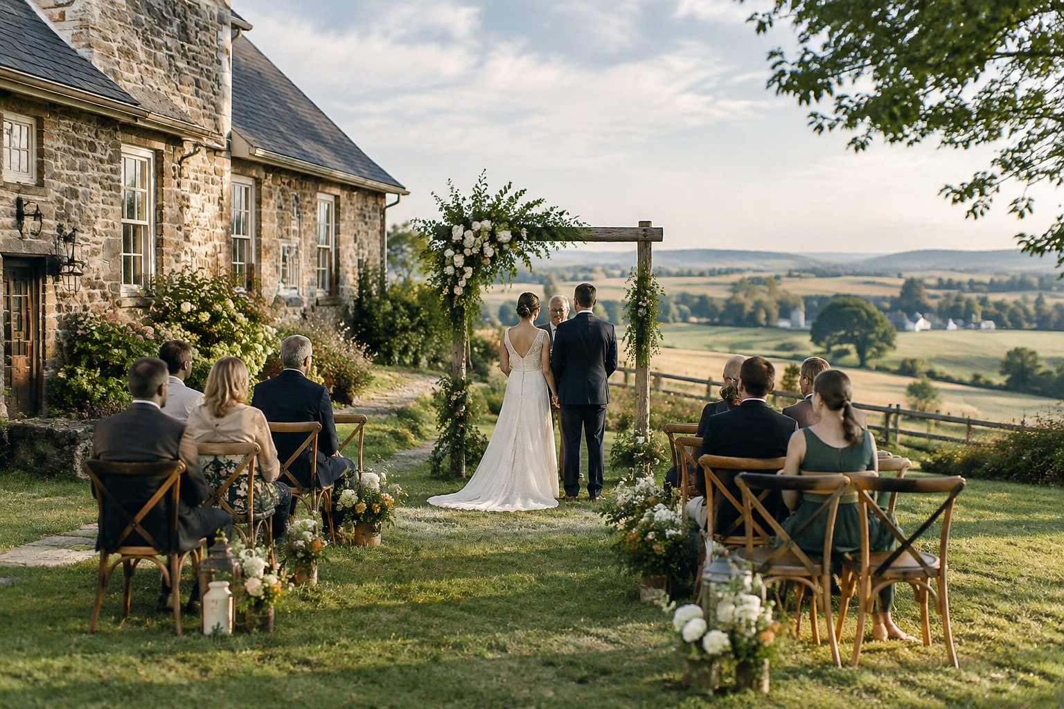 A couple exchanges vows beneath a floral arbor as guests gather at a countryside venue.
