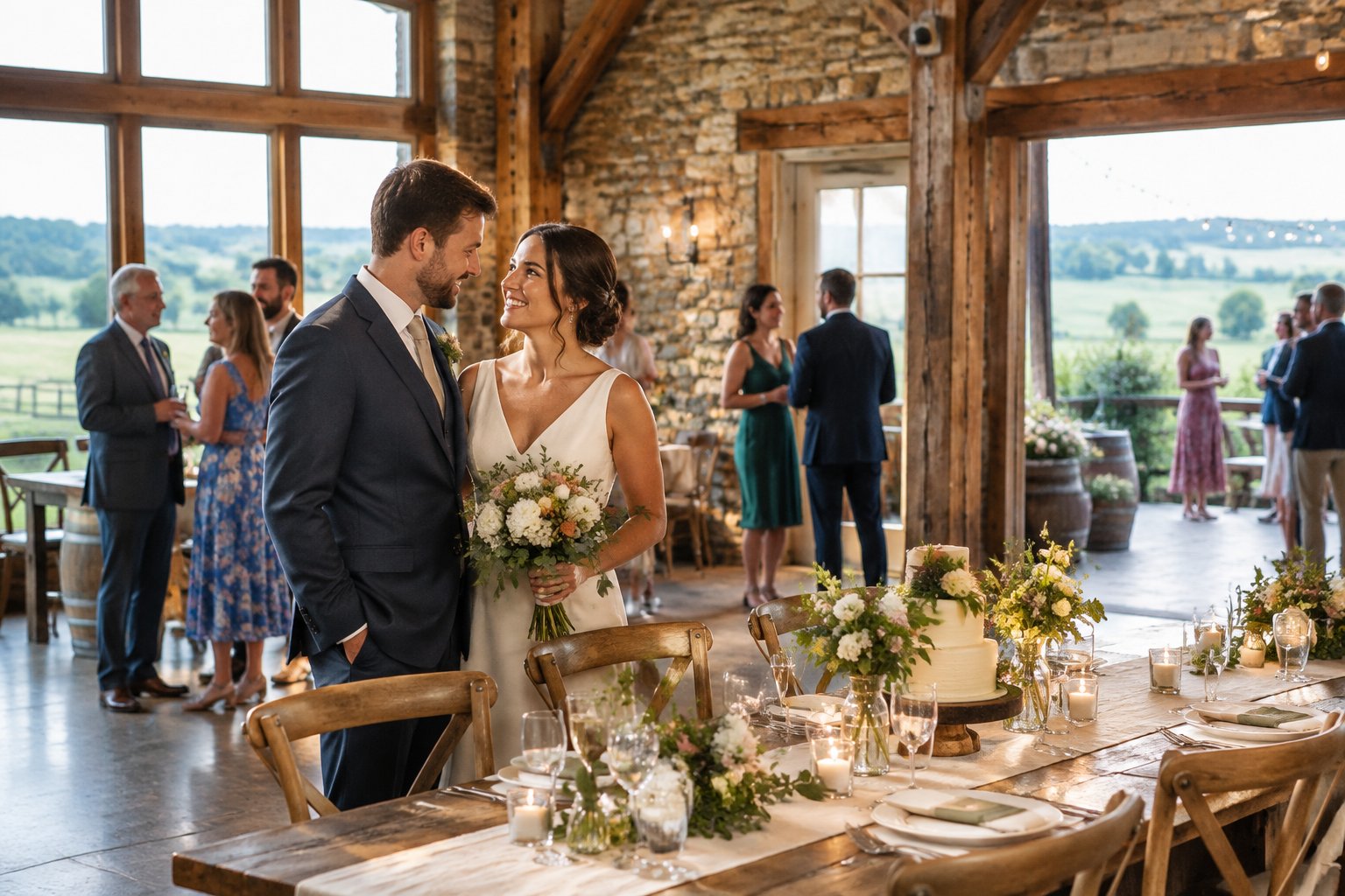 A couple celebrates with guests in a rustic country wedding venue.