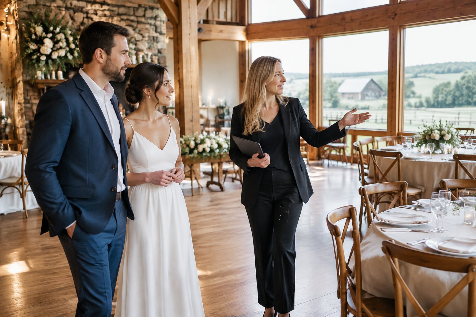 A couple tours a small countryside wedding venue with a coordinator.