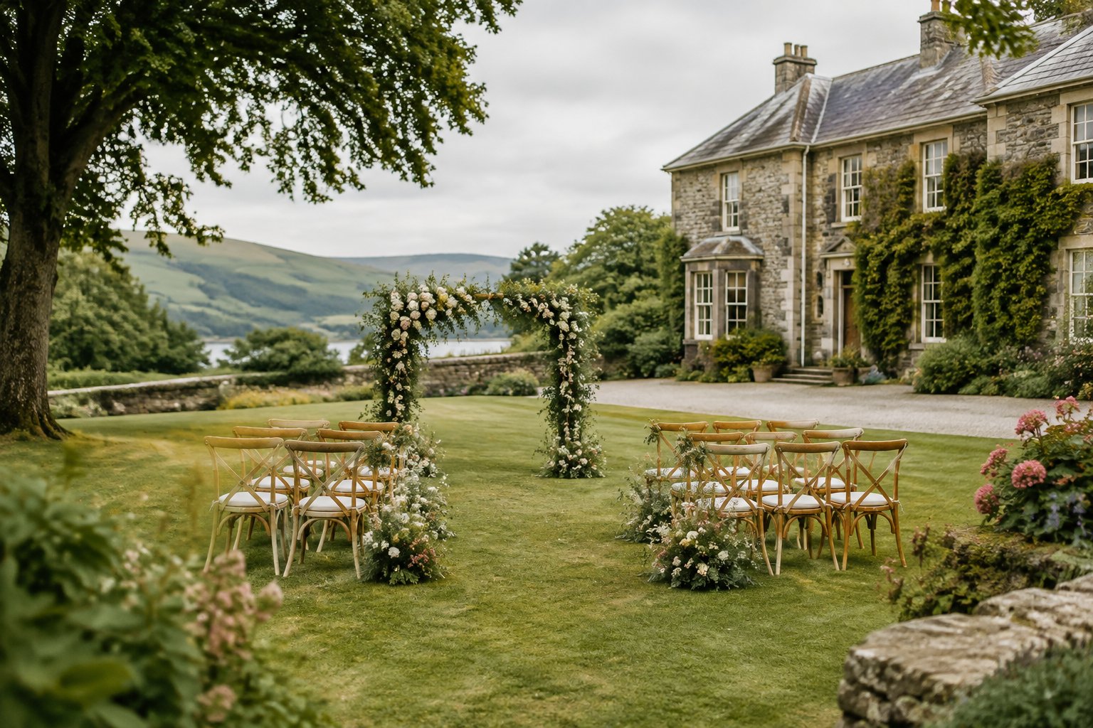 A small wedding ceremony arranged in the garden of a stone country house.