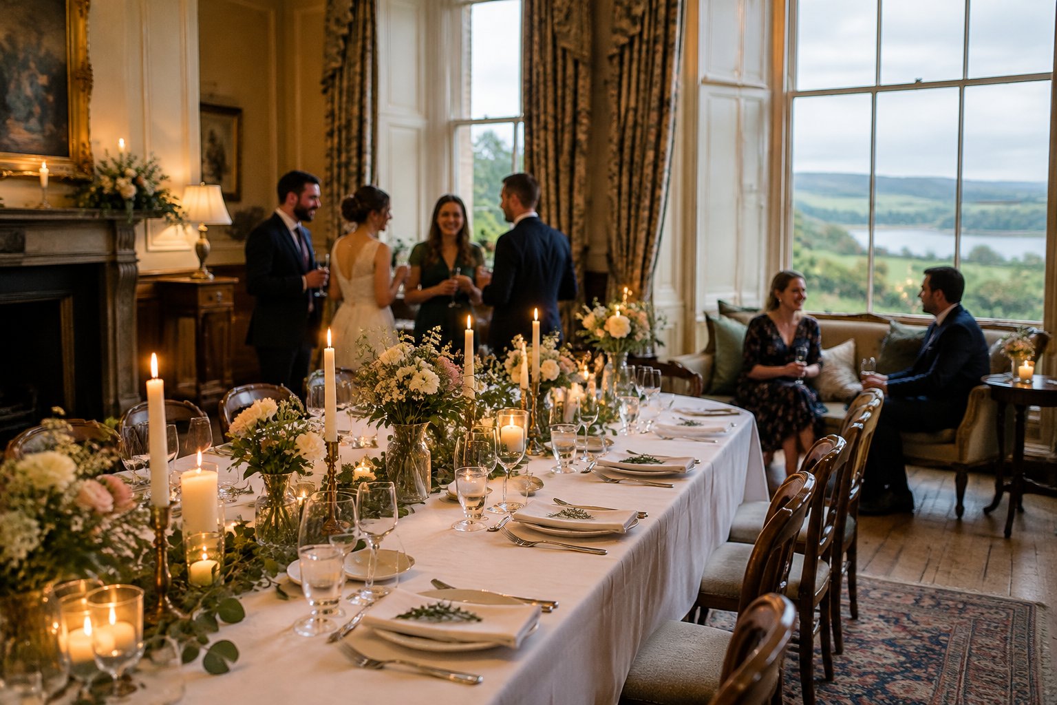 Guests gather around a decorated table in a cozy wedding venue.