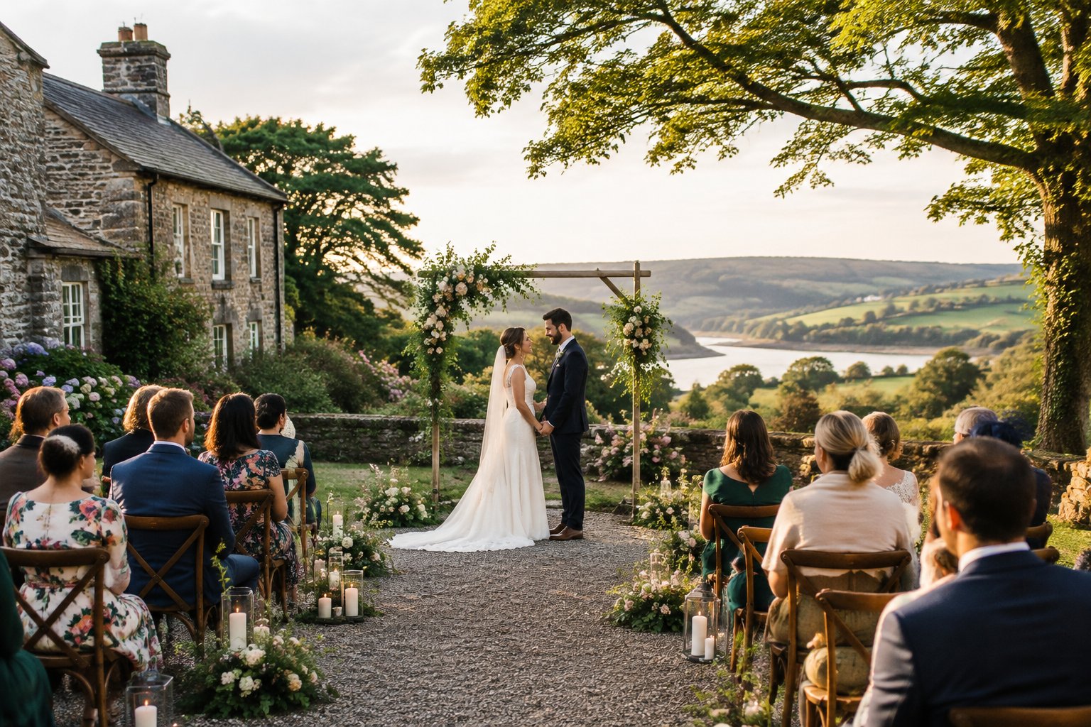 A couple celebrates with a small group of guests in a garden beside a stone venue.