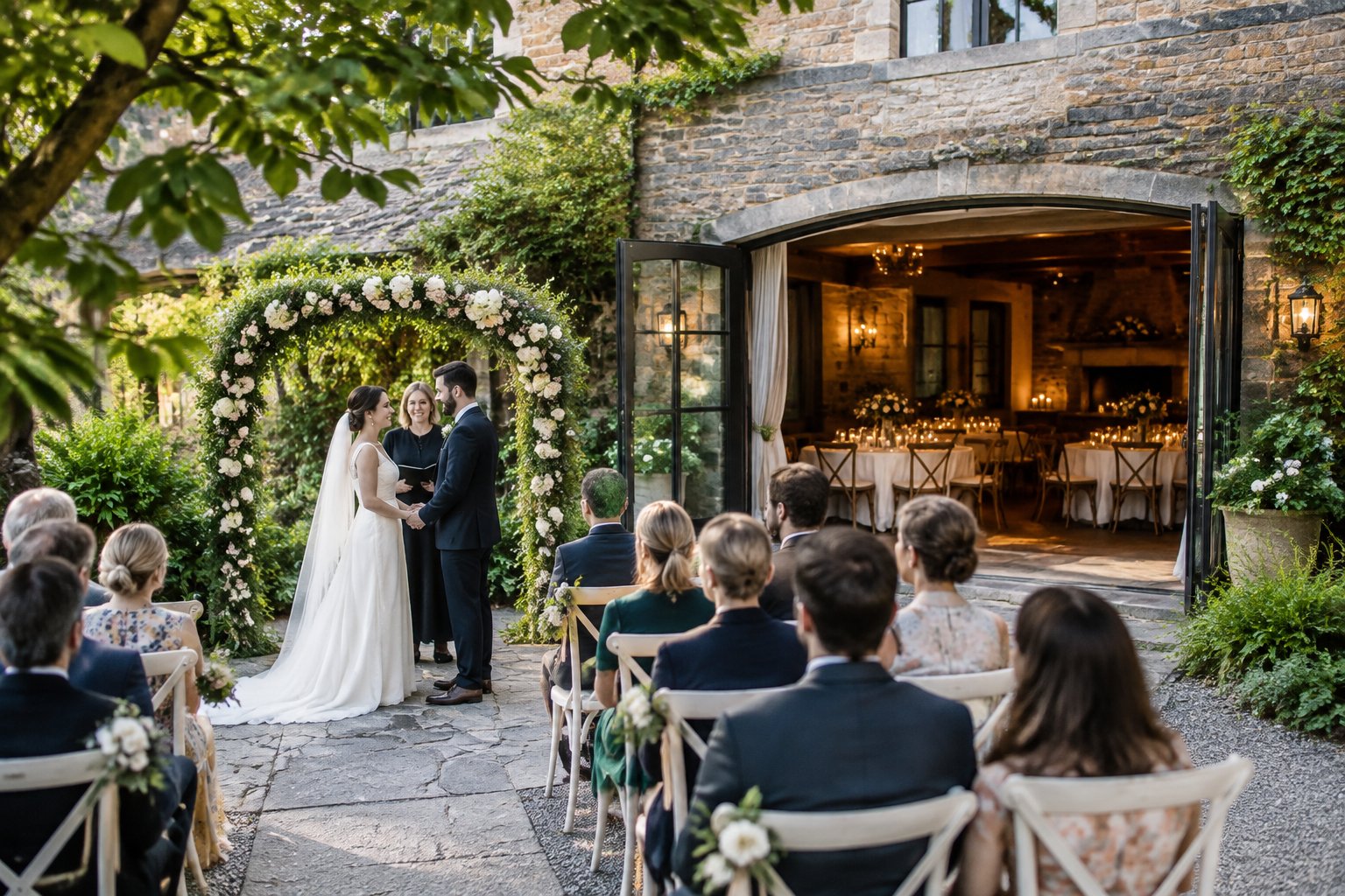 A couple stands beneath a floral arch at a garden ceremony beside a reception room set for dinner.