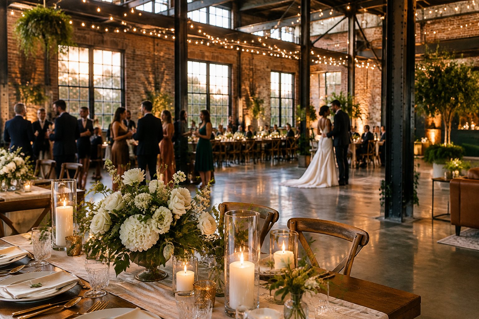 A couple and guests celebrate at a wedding reception in a brick industrial venue.
