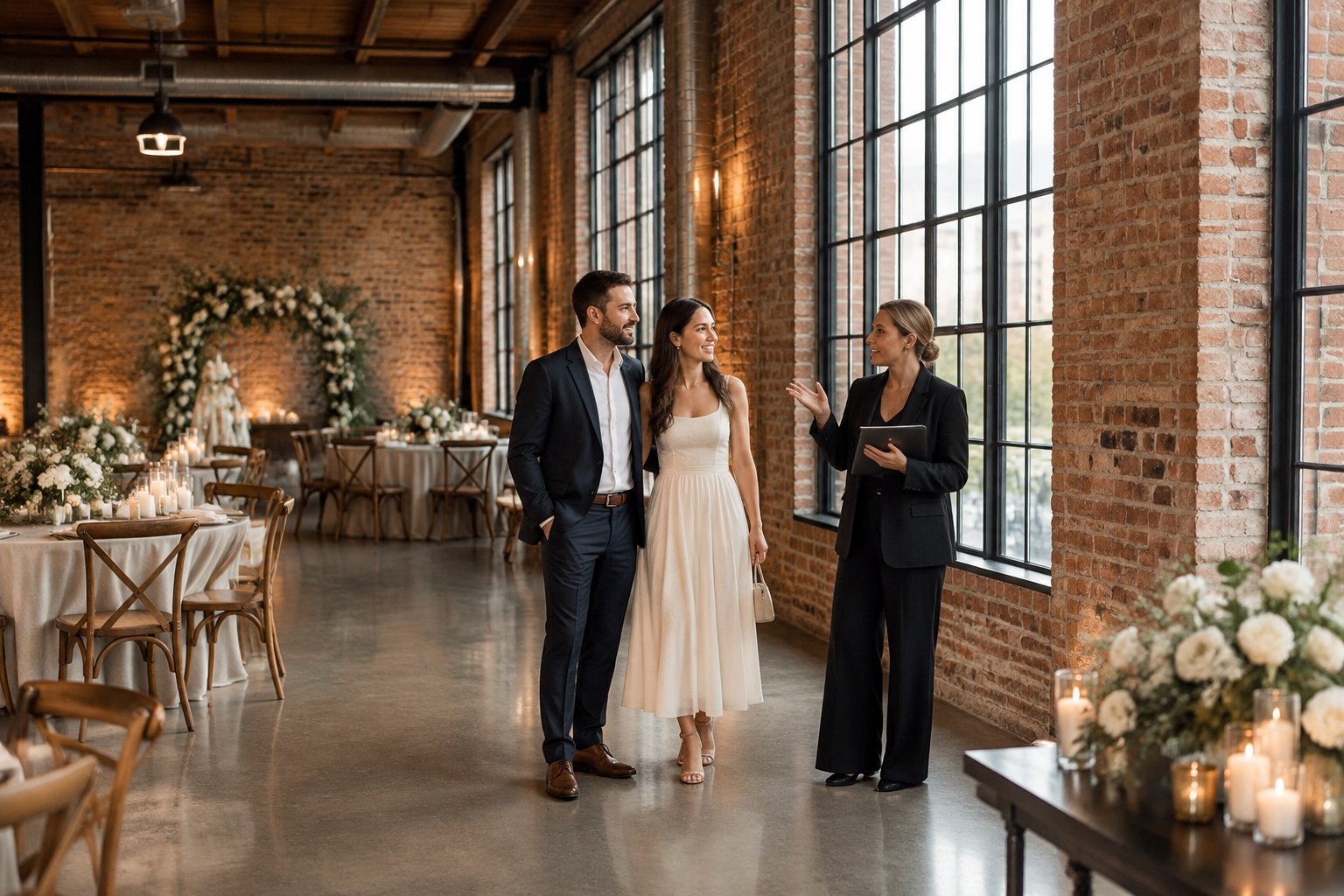 A couple tours a brick industrial wedding venue with a coordinator.