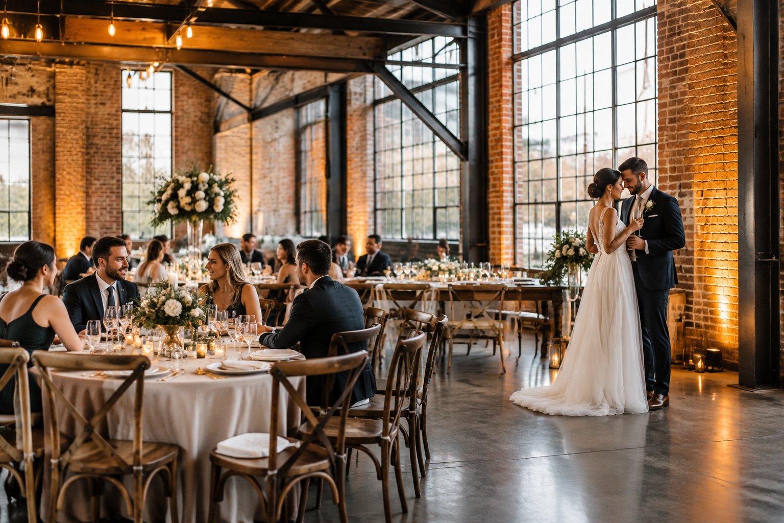 A couple and guests celebrate at a reception in a brick industrial venue.