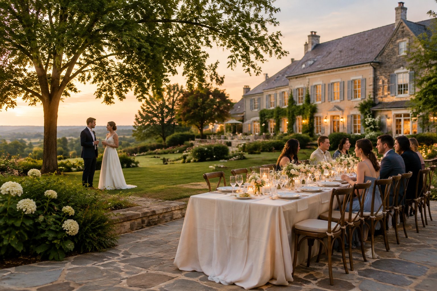 Guests gather at an outdoor wedding reception beside a countryside manor.
