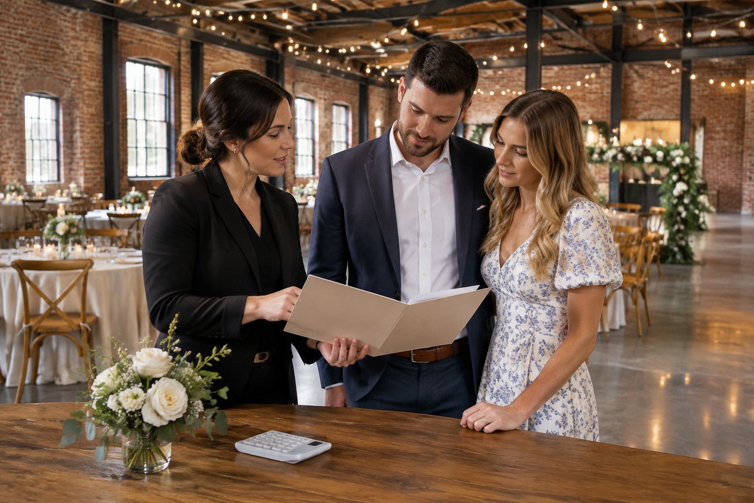 A couple and venue coordinator review a folder in a decorated warehouse wedding venue.