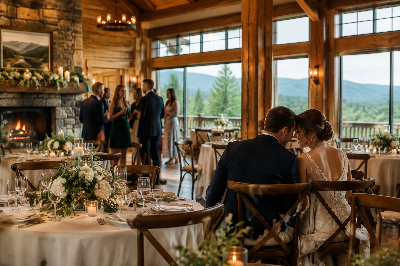 A couple celebrates with guests inside a warmly lit wedding venue.