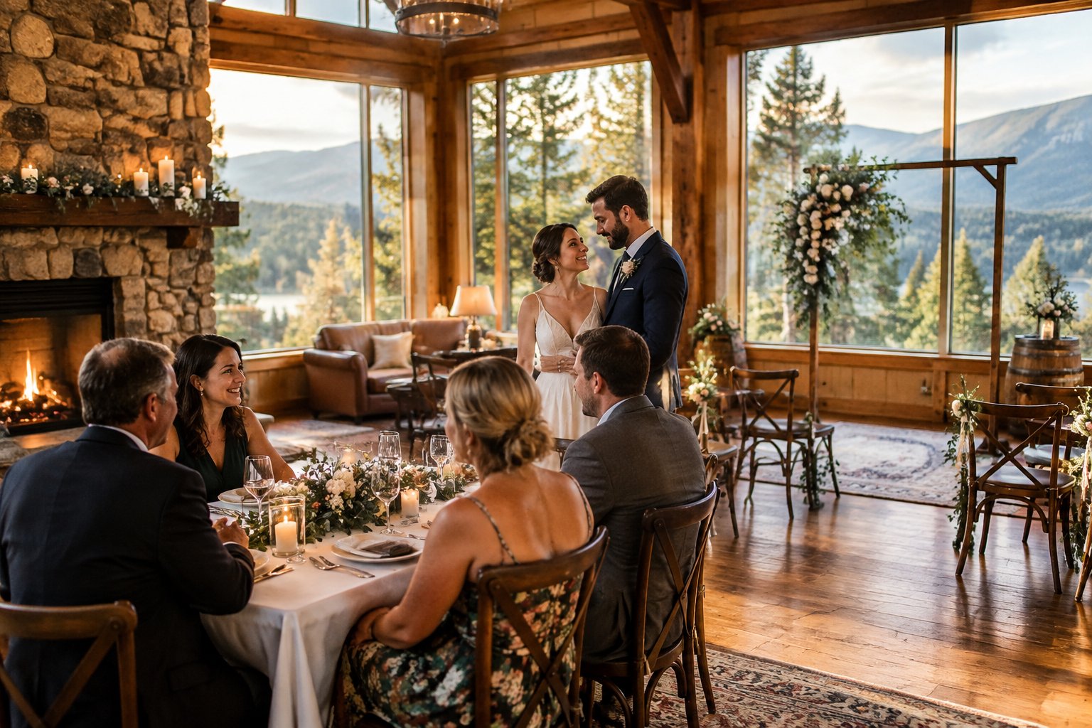 A couple celebrates with a small group of guests in a warmly decorated wedding venue.