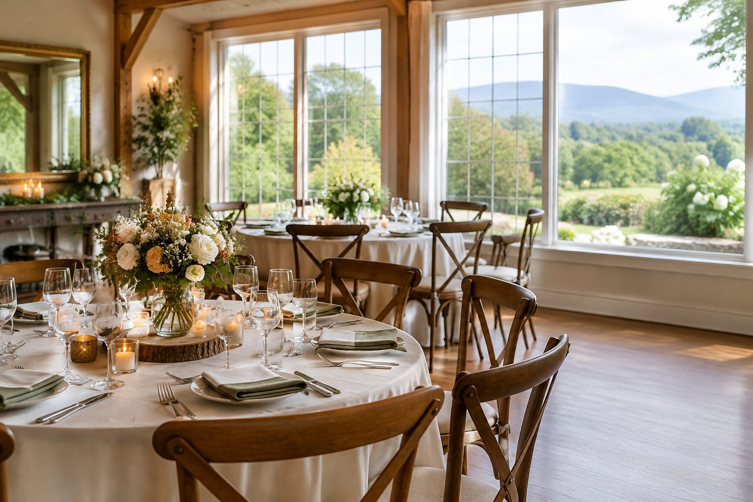 A small wedding reception set in a bright venue overlooking a leafy garden.