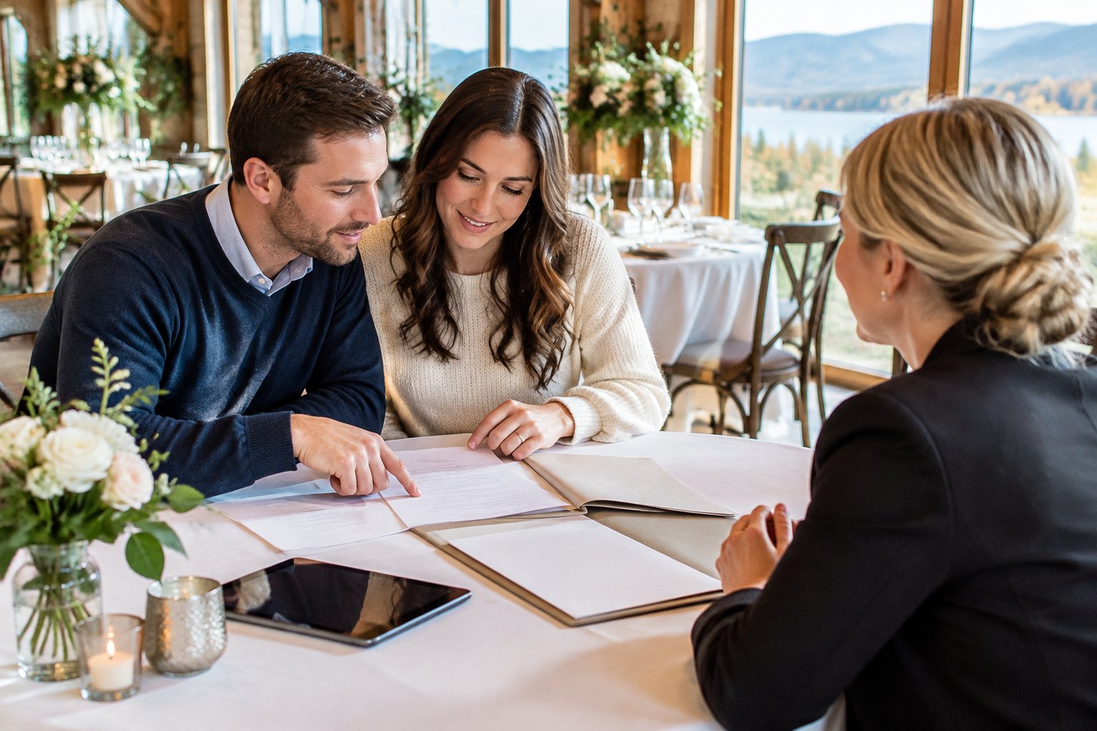 A couple reviews papers with a venue coordinator at a wedding venue.
