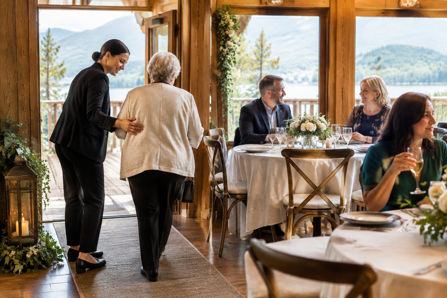 Guests relax at a small wedding reception as a staff member helps an older guest find a seat.