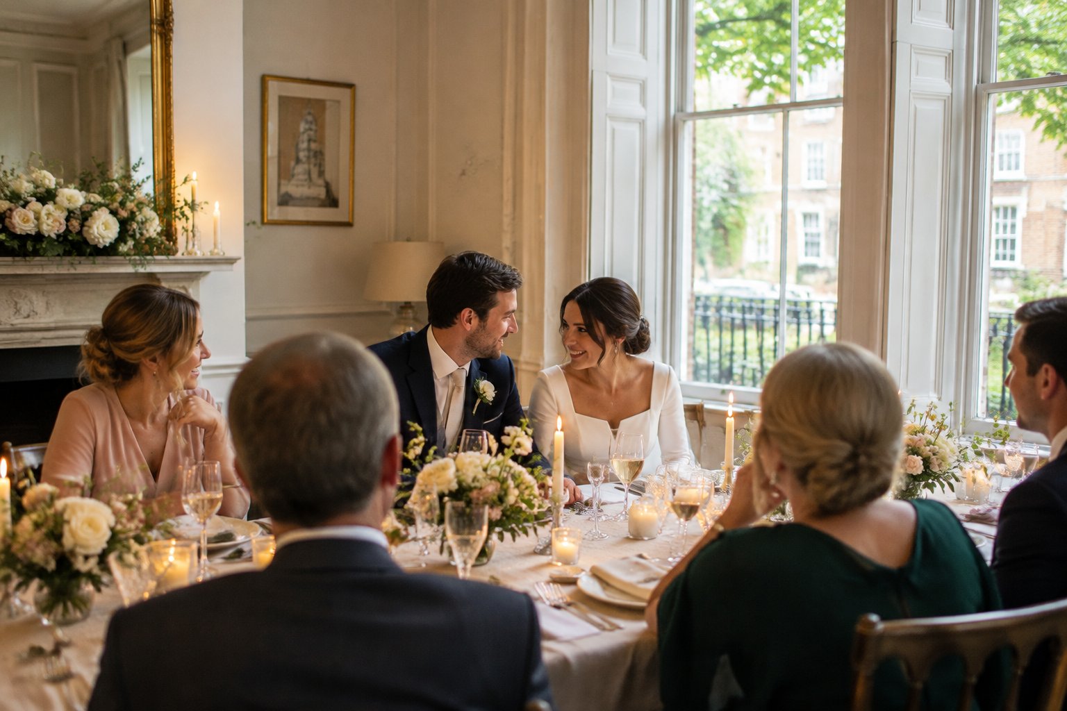 A newlywed couple celebrates with guests around a candlelit table in a Georgian townhouse.