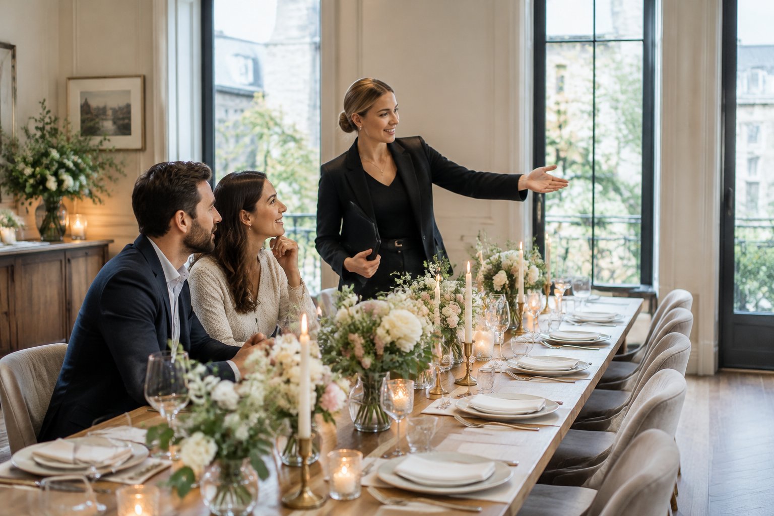 A couple and venue coordinator review a small wedding reception room in Dublin.