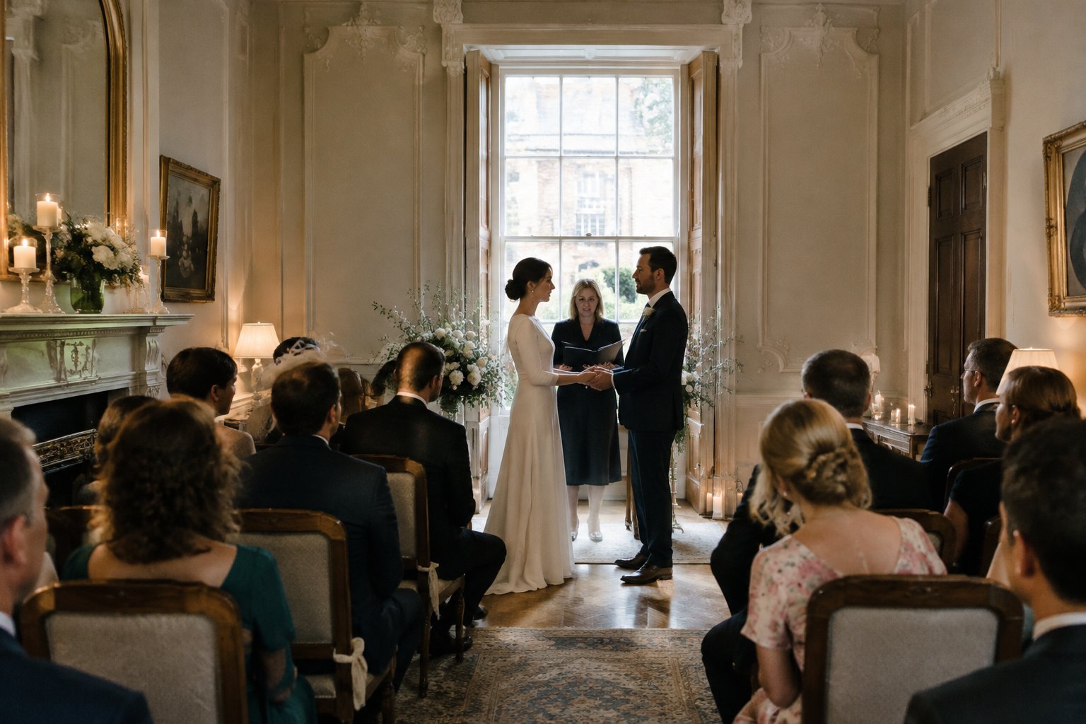 A couple exchanges vows in a small, elegant townhouse room as guests look on.