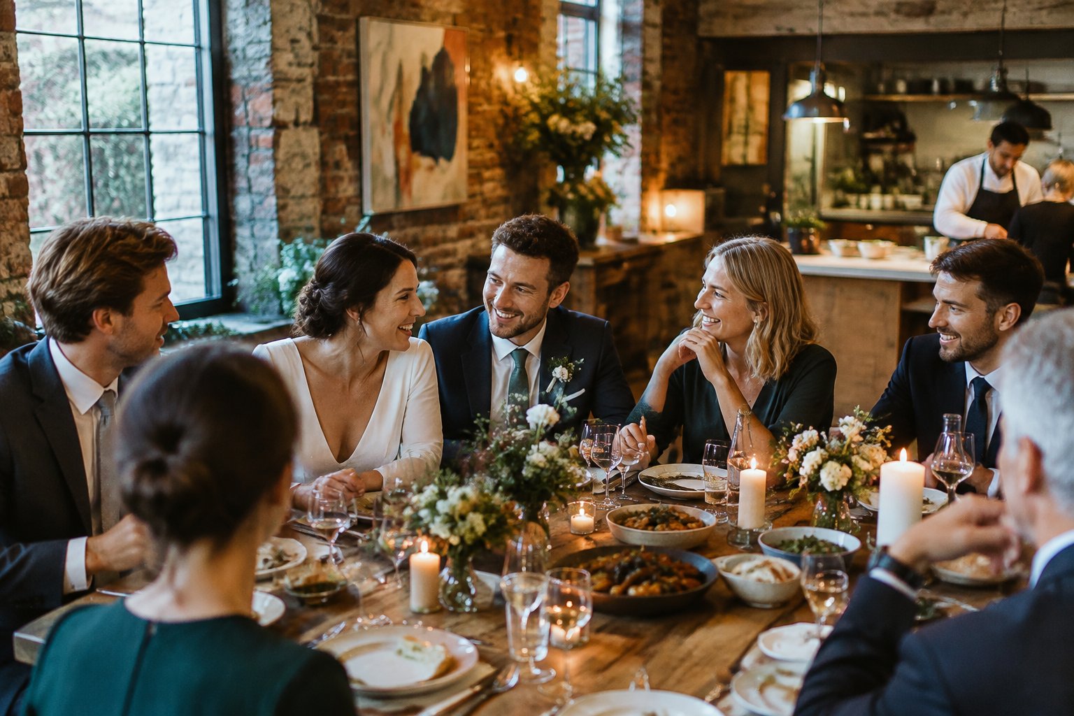 Guests share a meal at an intimate wedding reception in a welcoming Dublin venue.