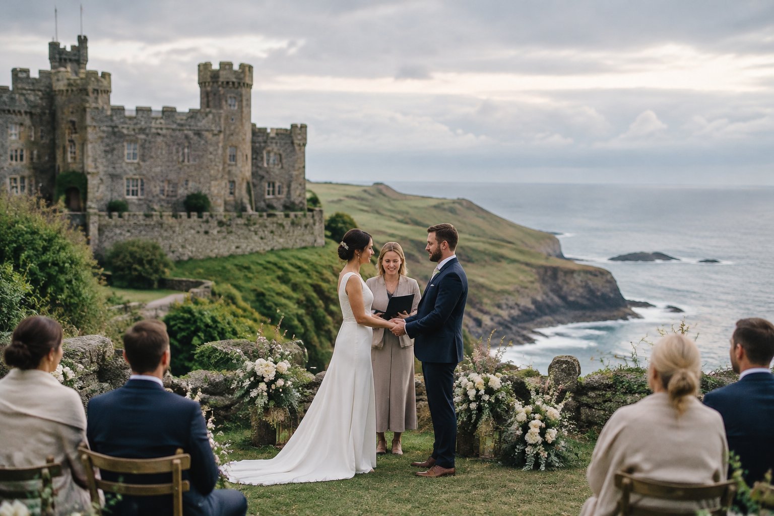 A couple at an intimate wedding with a stone castle and the coast nearby.