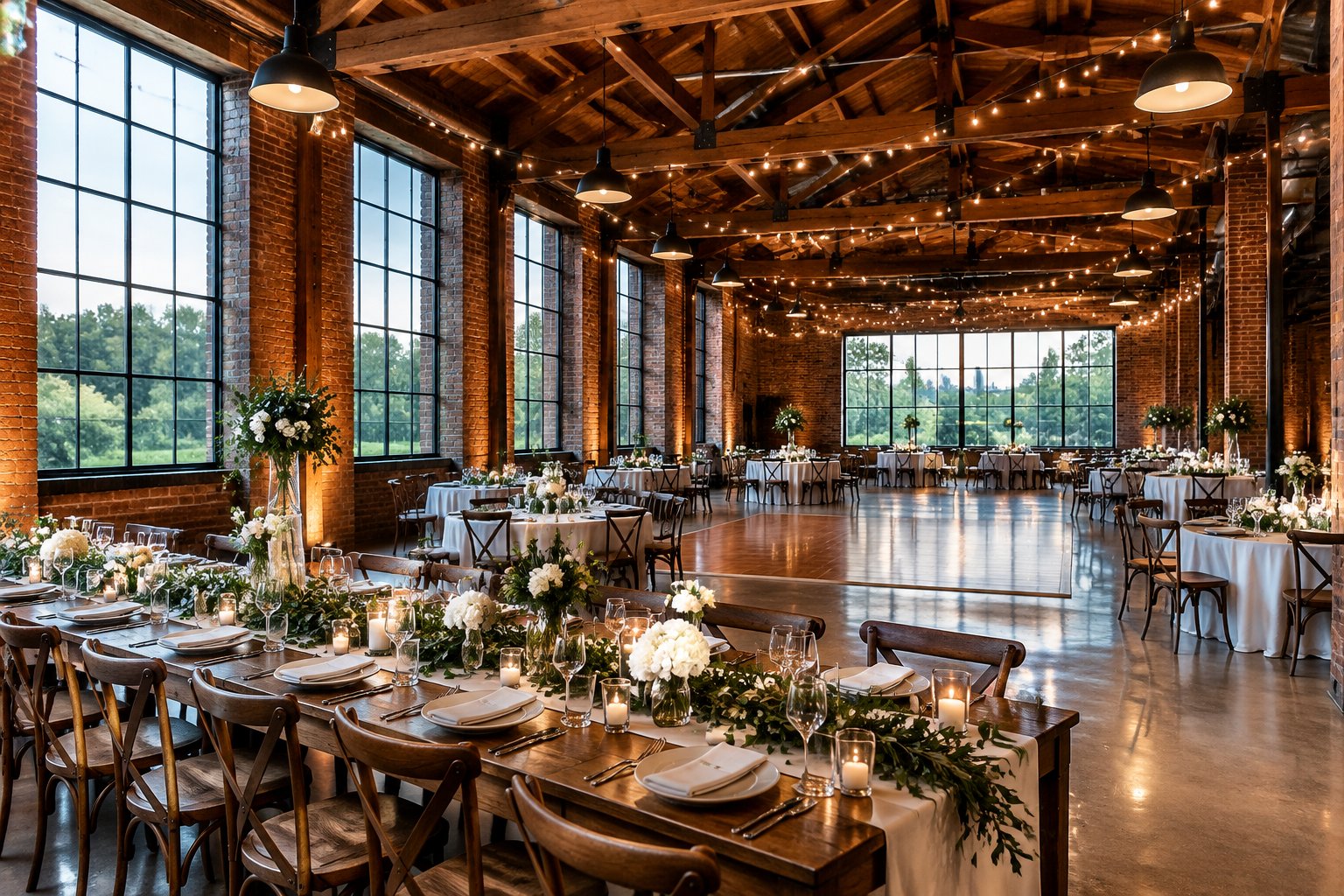A brick warehouse wedding reception venue with decorated tables and warm lighting.